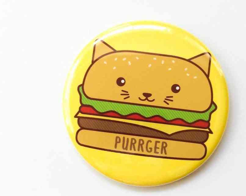 Hamburger Cat Button Pin, Magnet Or Pocket Mirror