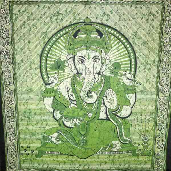 Green Ganesha Holding Lotus Flower-tie-dye Tapestry