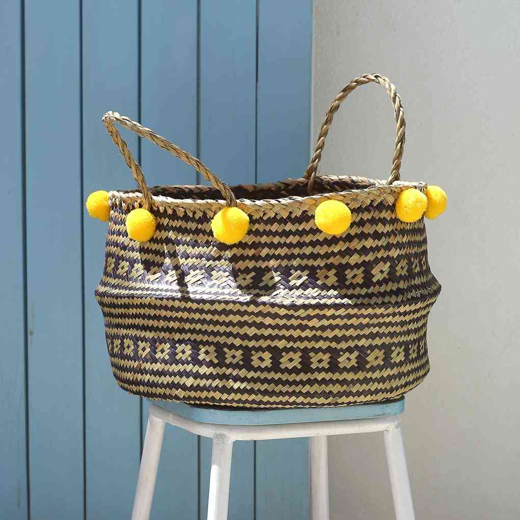 Wide Woven Straw Basket With Pom-poms
