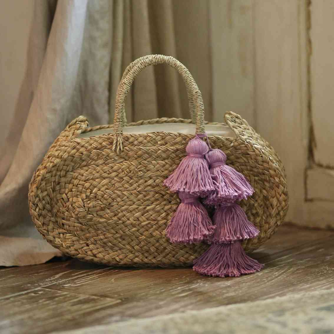 Oval Shaped, Woven Beach Straw Tote Bag With Lavender Tassels
