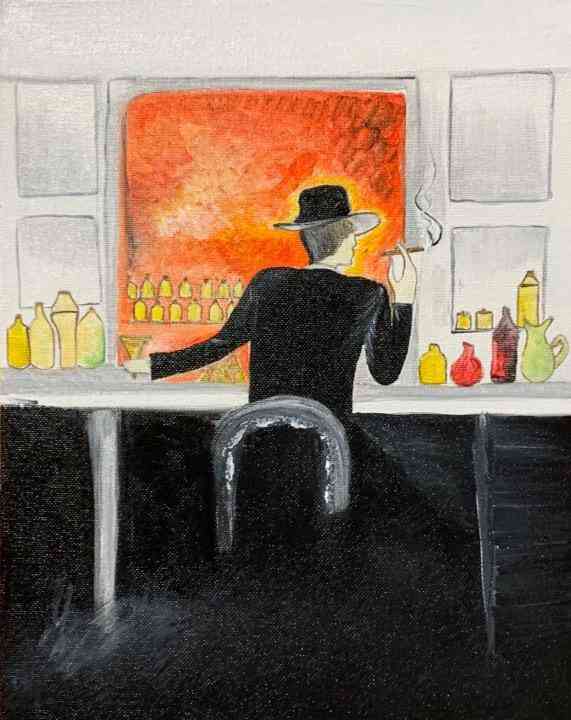 Dame heer in bar-origineel olieverfschilderij