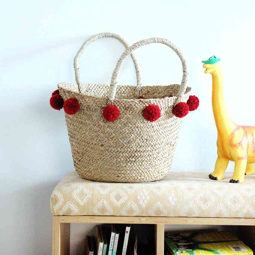 Woven Market Basket With Cranberry Red Pom-poms