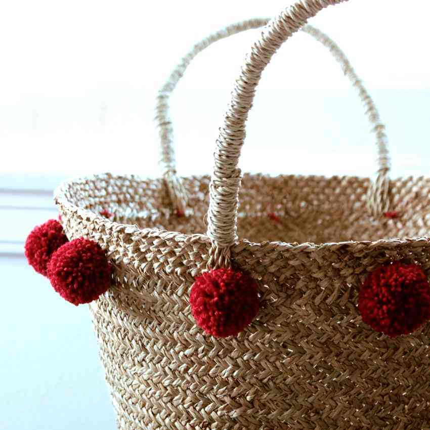 Woven Market Basket With Cranberry Red Pom-poms