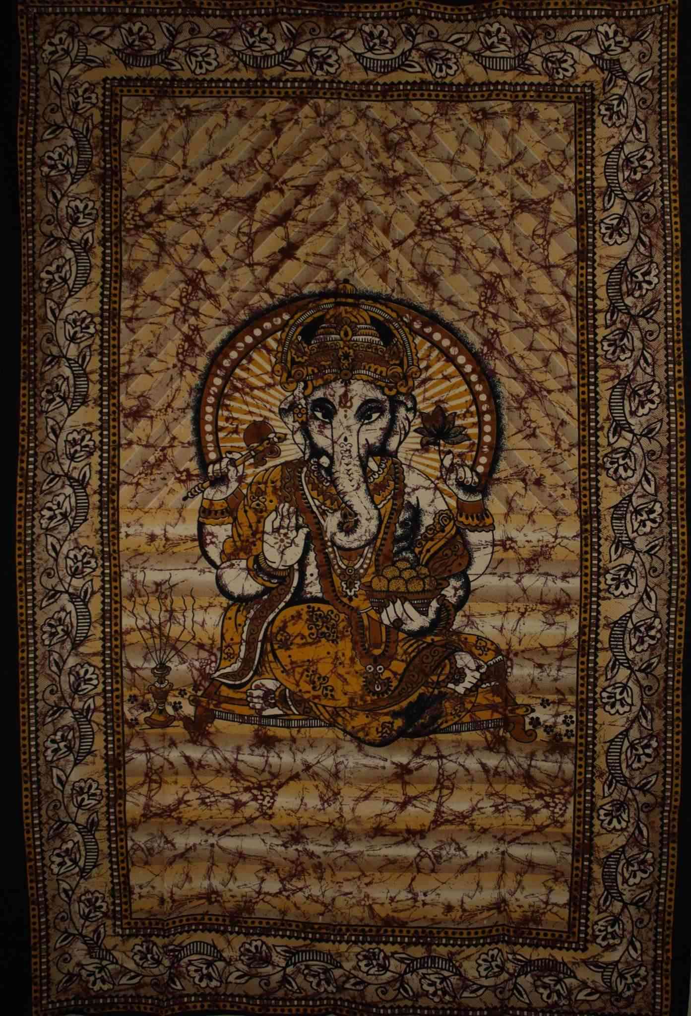 Ganesha Holding Lotus Flower In Batik Style Tie Dye Tapestry
