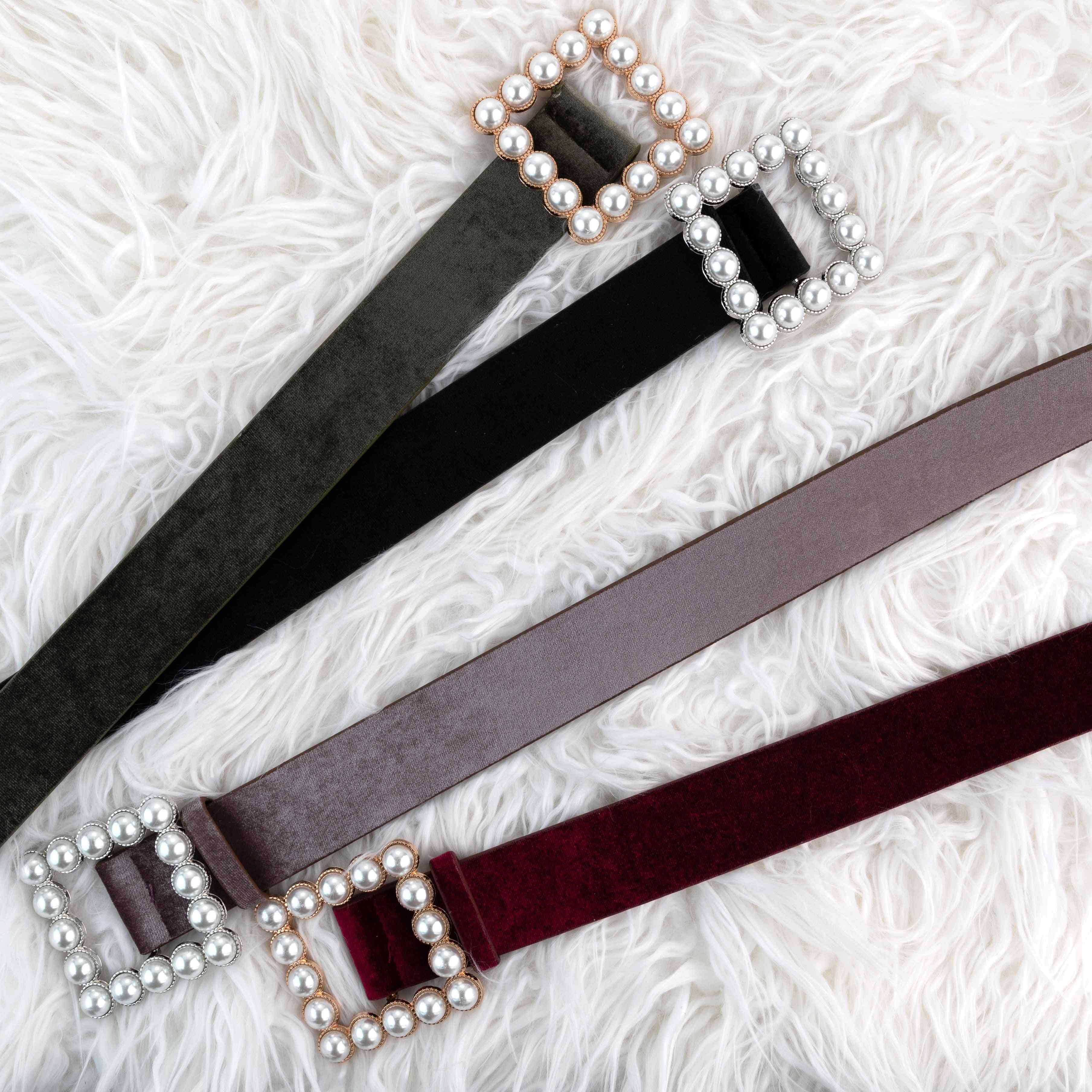 Pearl Square Buckle Velour Belt