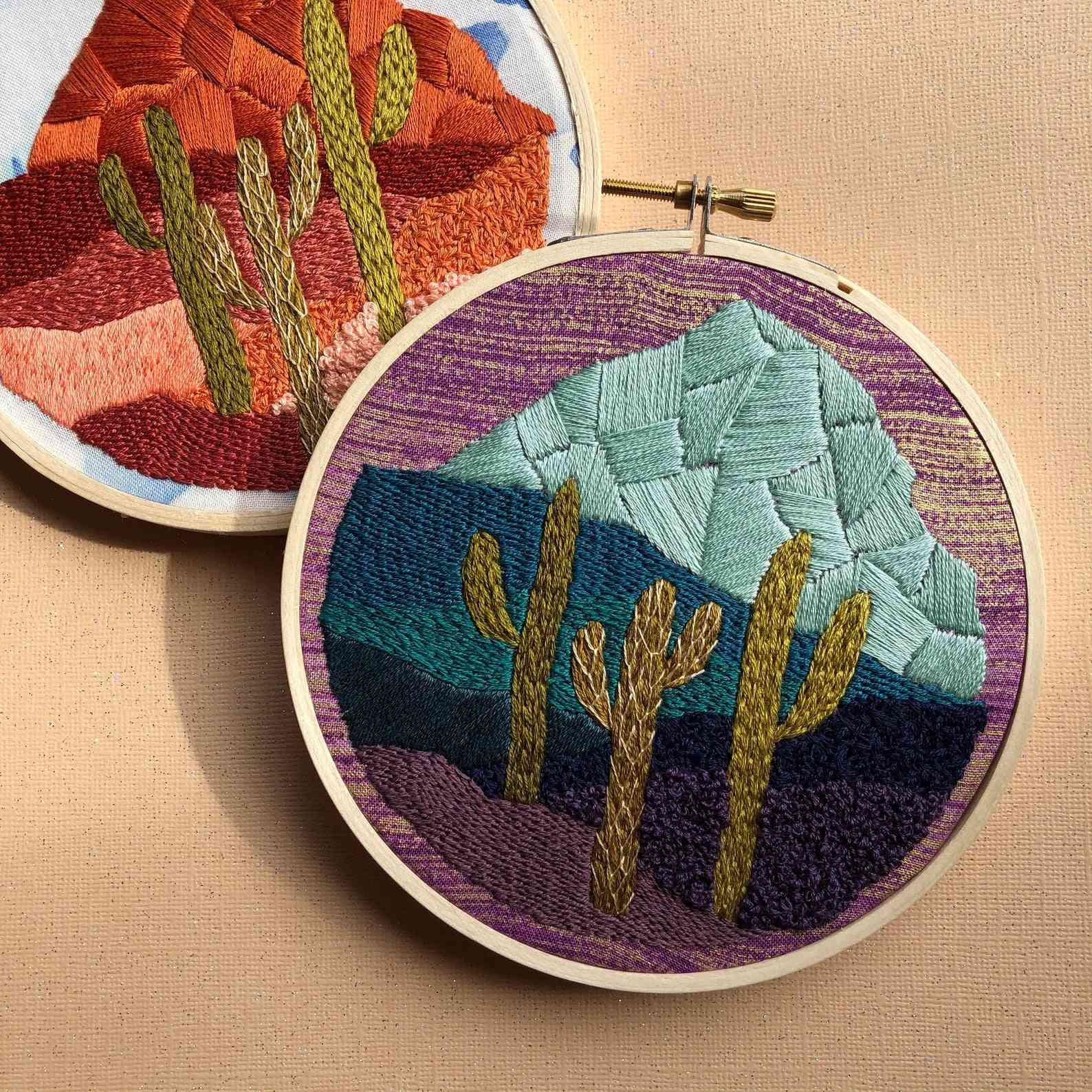 Cactus Desert At Night Landscape- Diy Beginner Embroidery Kit