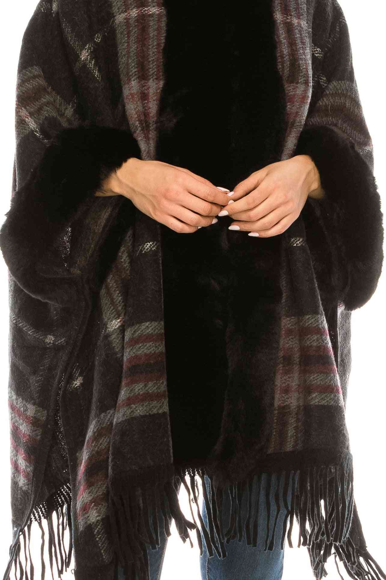 Plaid Hooded Poncho Cape With Faux Fur Trims & Fringes