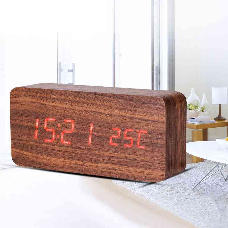 Teak Wooden Cuboid Led Alarm Clock