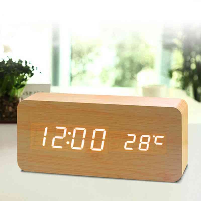 Teak Wooden Cuboid Led Alarm Clock