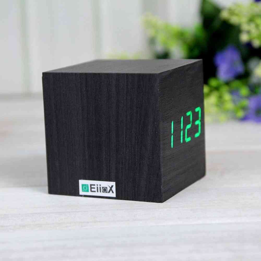 Mini reloj despertador digital led en forma de cubo de madera