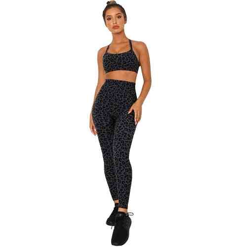 Two-piece Leopard, Crop-top And Slim Sports Running, Yoga Long Pants