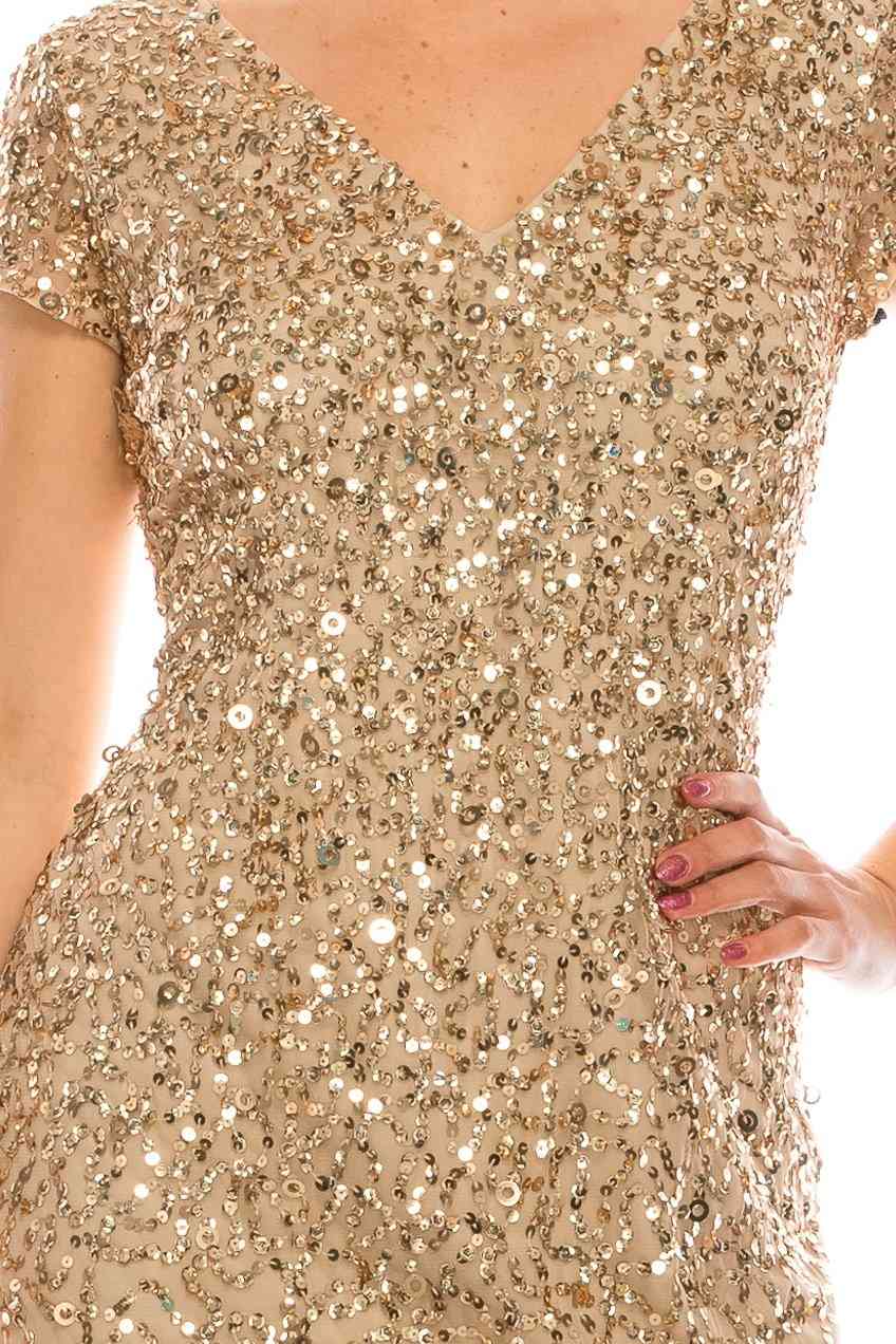 Champagne Gold- Sequined Gown With Front Slit, Short Sleeves Dress