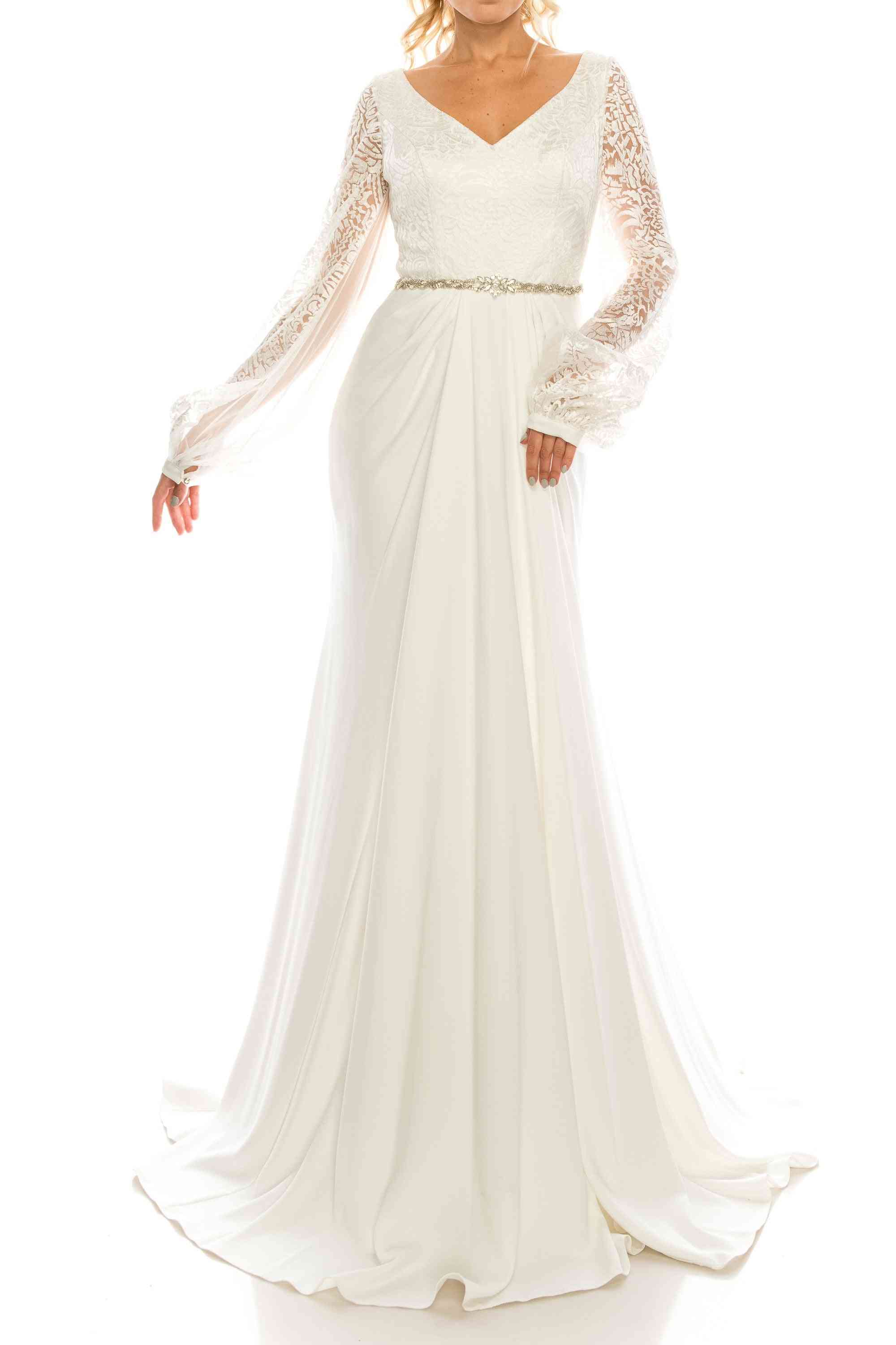 Embroidered Mesh Jacquard & Crepe Evening Gown
