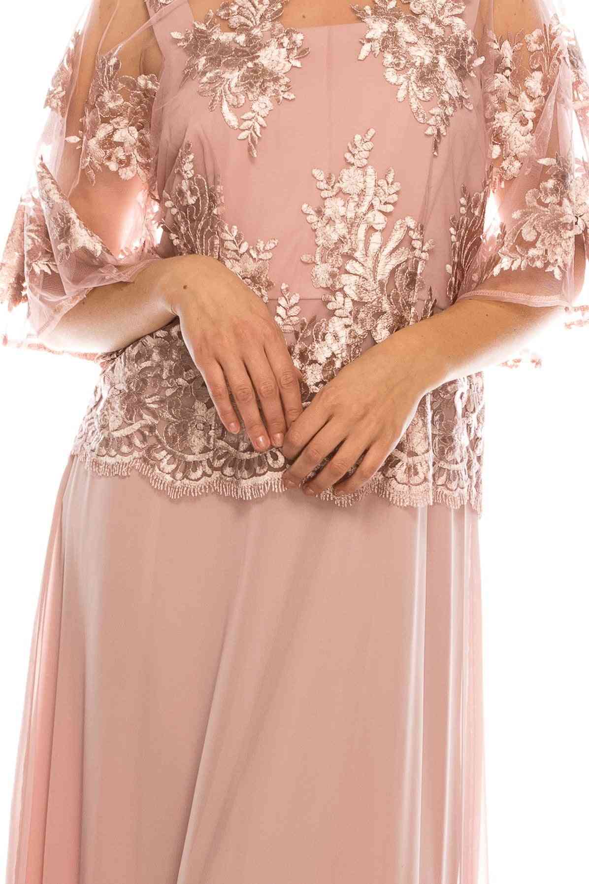 Evening Gown With Embroidered Mesh Overlay Top