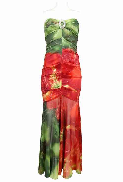 Couture Strapless Floral Print Satin Dress