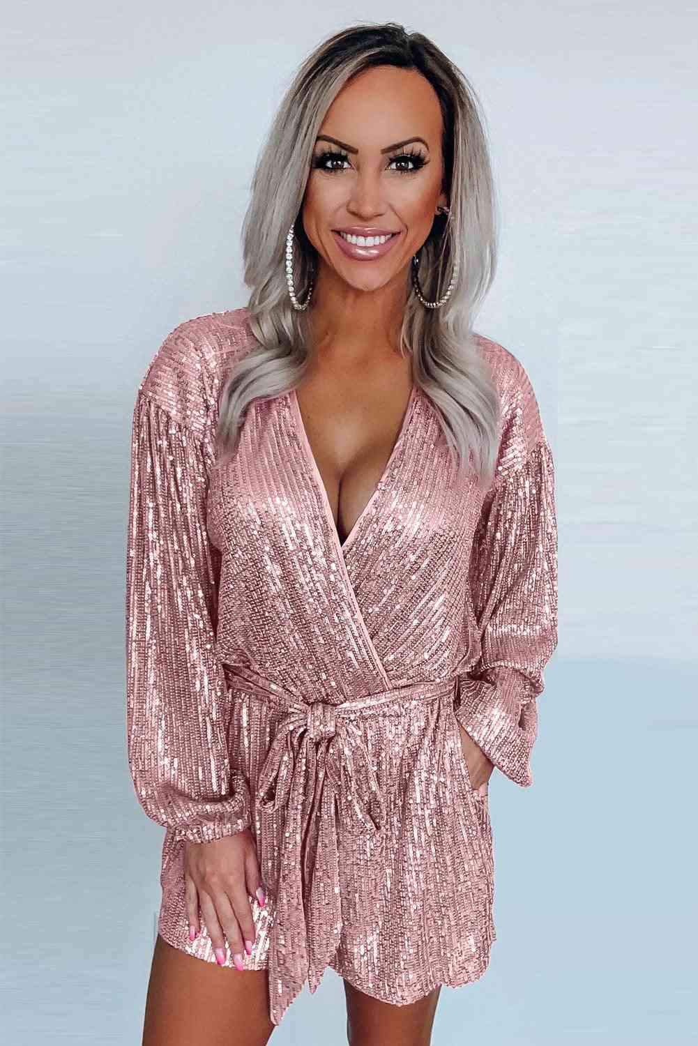 Eye-candy Sequin Pocketed Tie V Neck Long Sleeve Romper