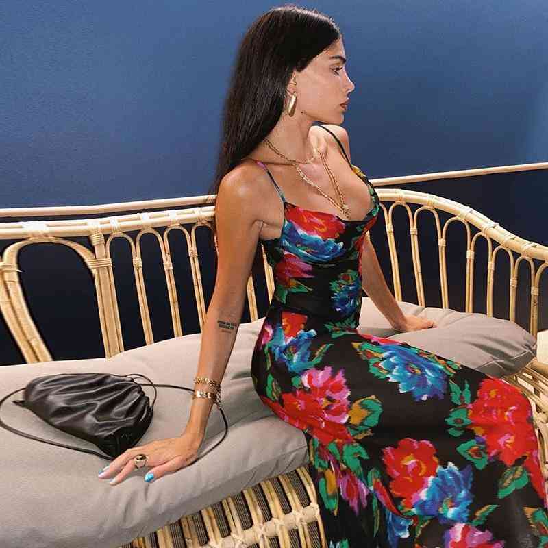 Women Cowl Neck, Spaghetti Strap-floral Print Maxi Dress