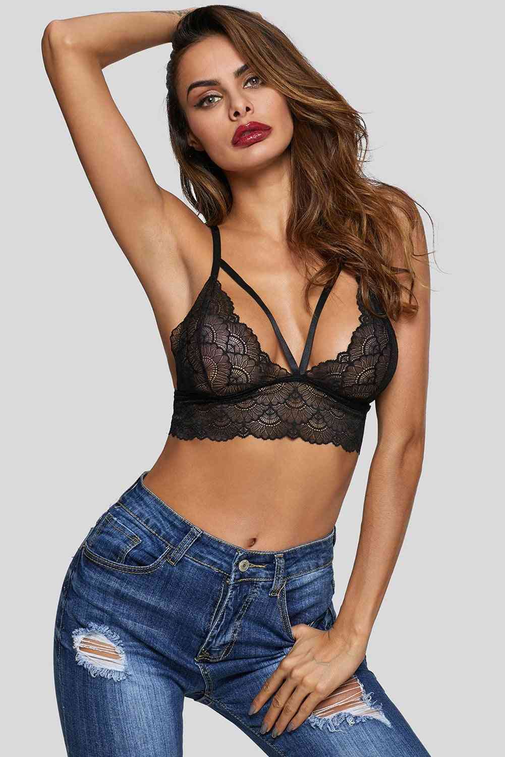 Scalloped Lace Strappy Caged Lingerie Bra