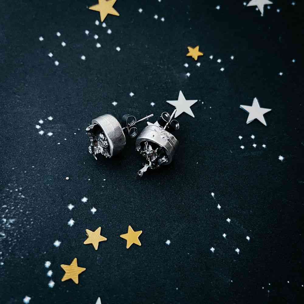 Small Round- Raw Meteorite, Dangle Stud Earrings