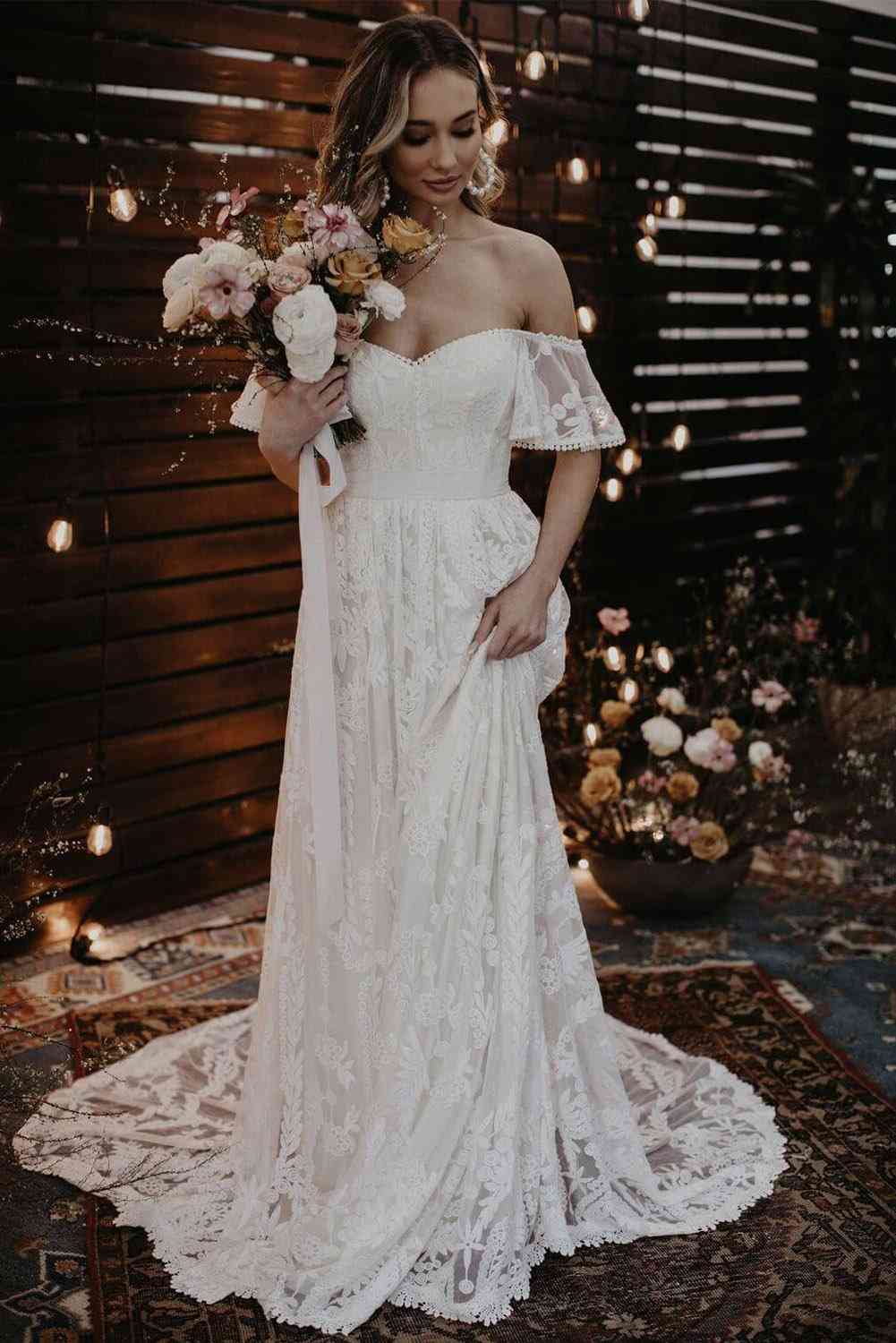 Off Shoulder, A Line-wedding Evening Dress