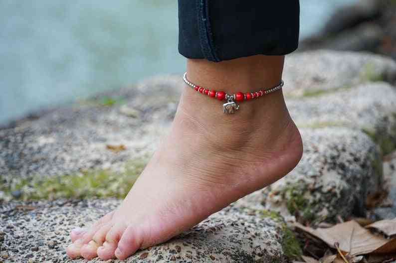 Red Beads, Elephant Pendant-boho Silver Anklet