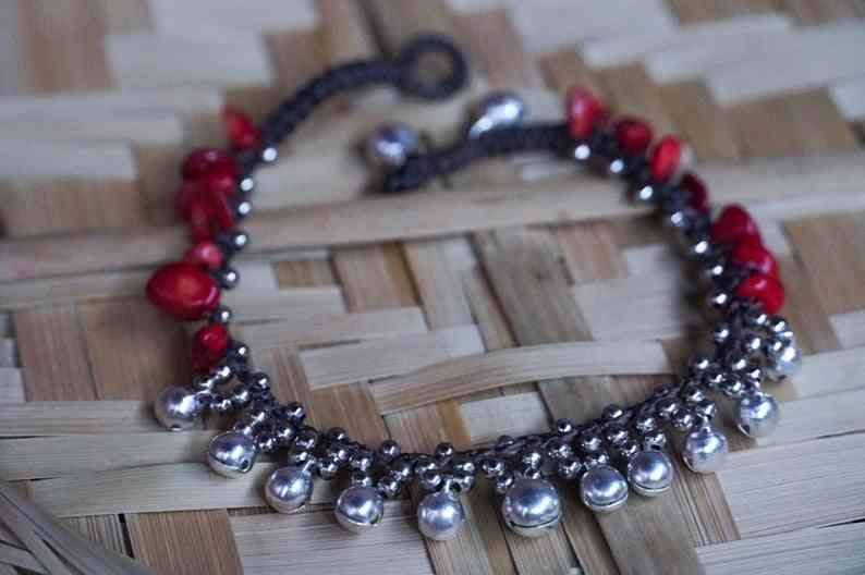 Red Silver Bell Stone Boho Anklet