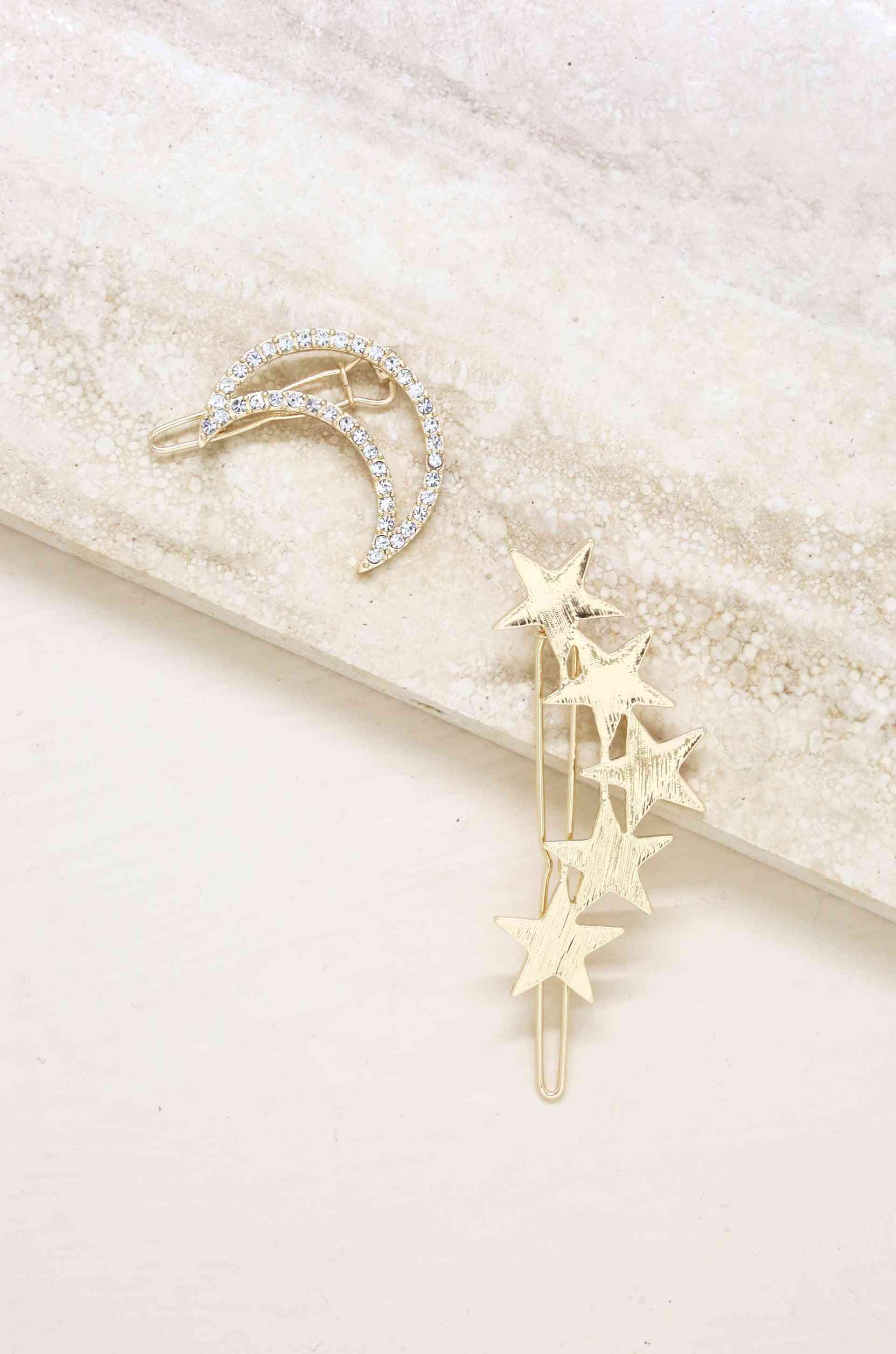 Stars And Moon Design-hair Barrettes In Gold
