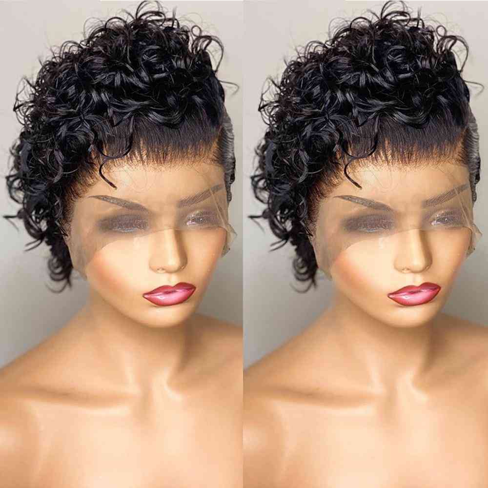 Cheveux humains frontaux en dentelle coupe lutin-perruque frisée