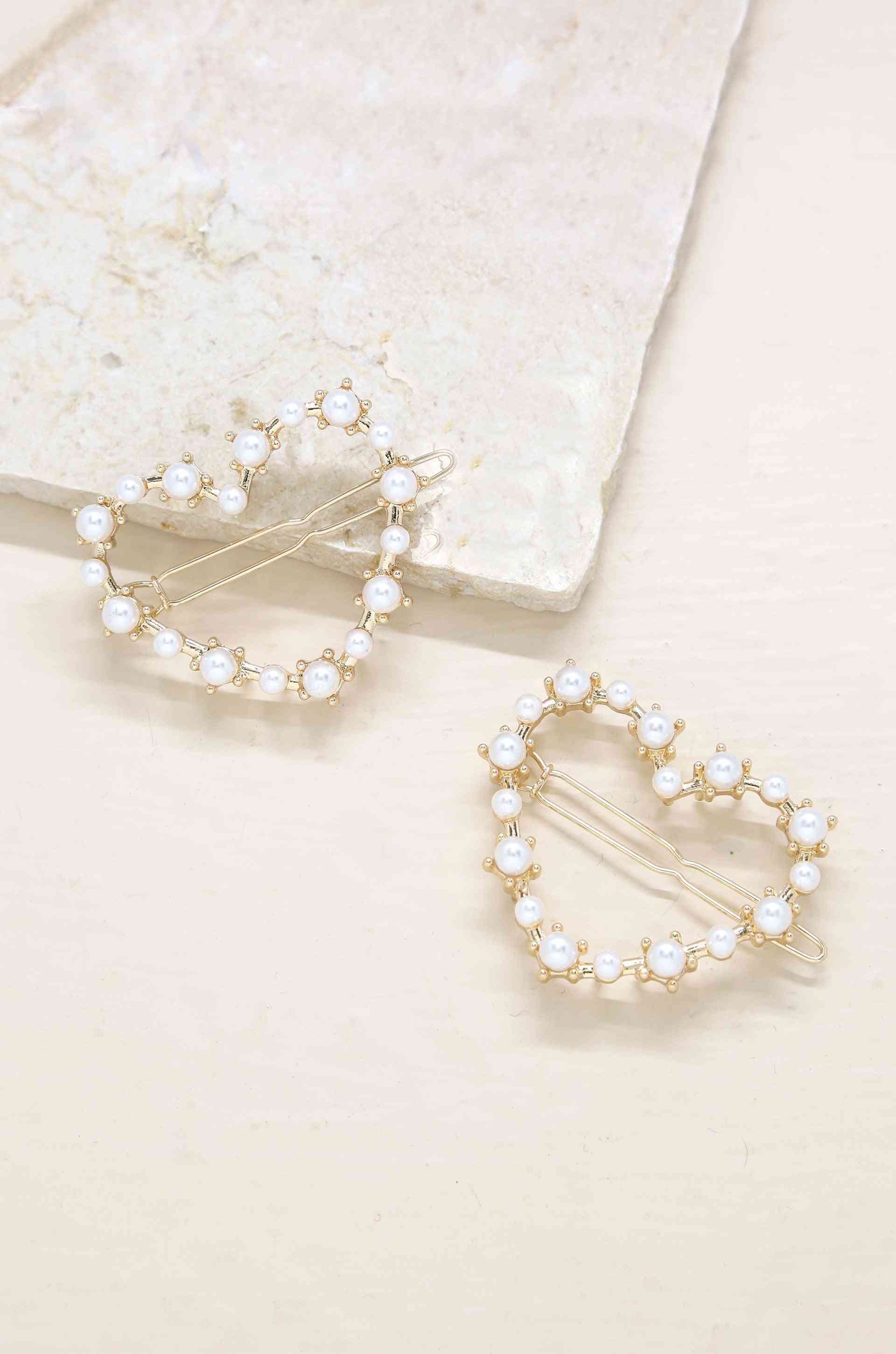 Pearl Heart Hair Barrette Set Of 2 In Gold
