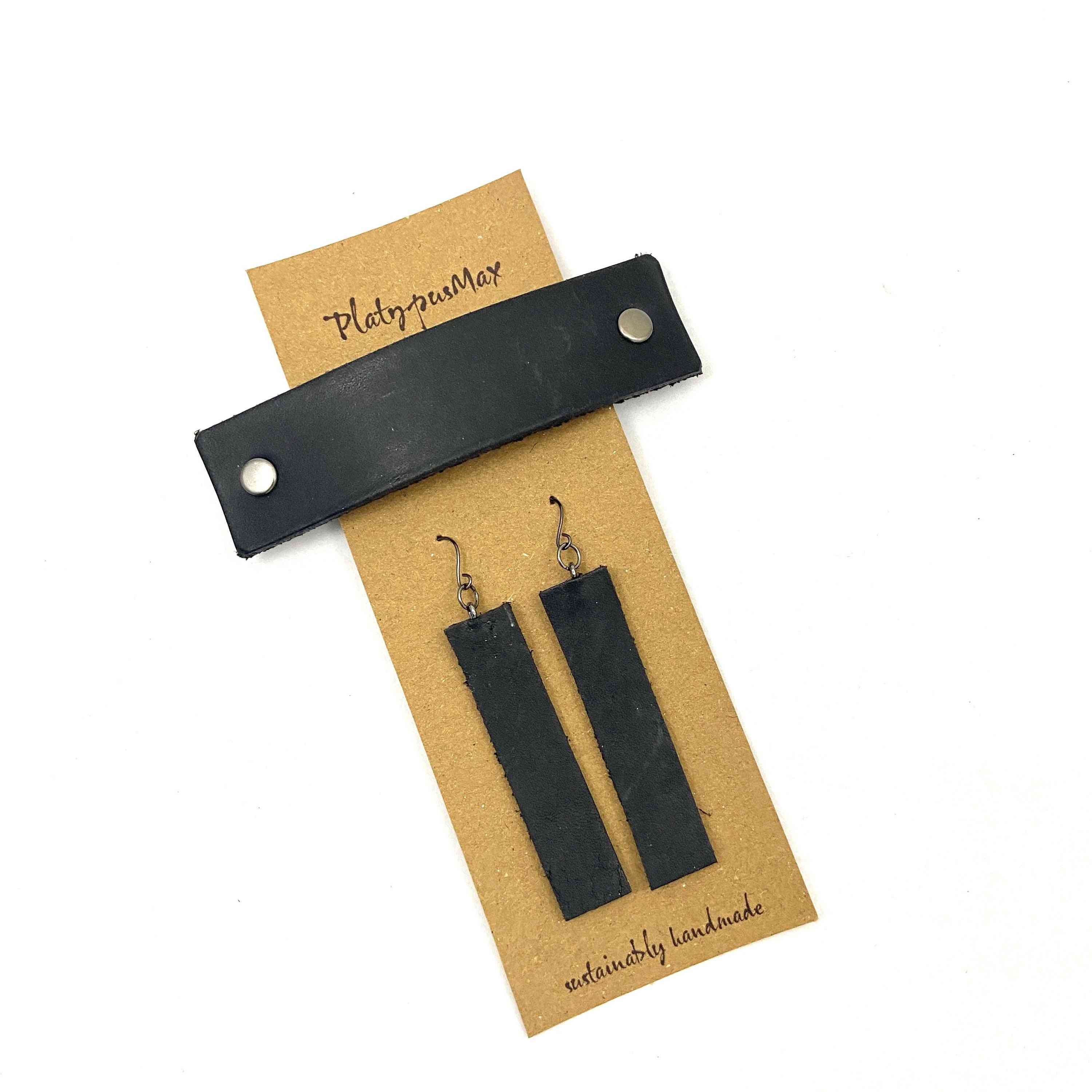 Basic Black Upcycled Leather Barrette And Earring Set
