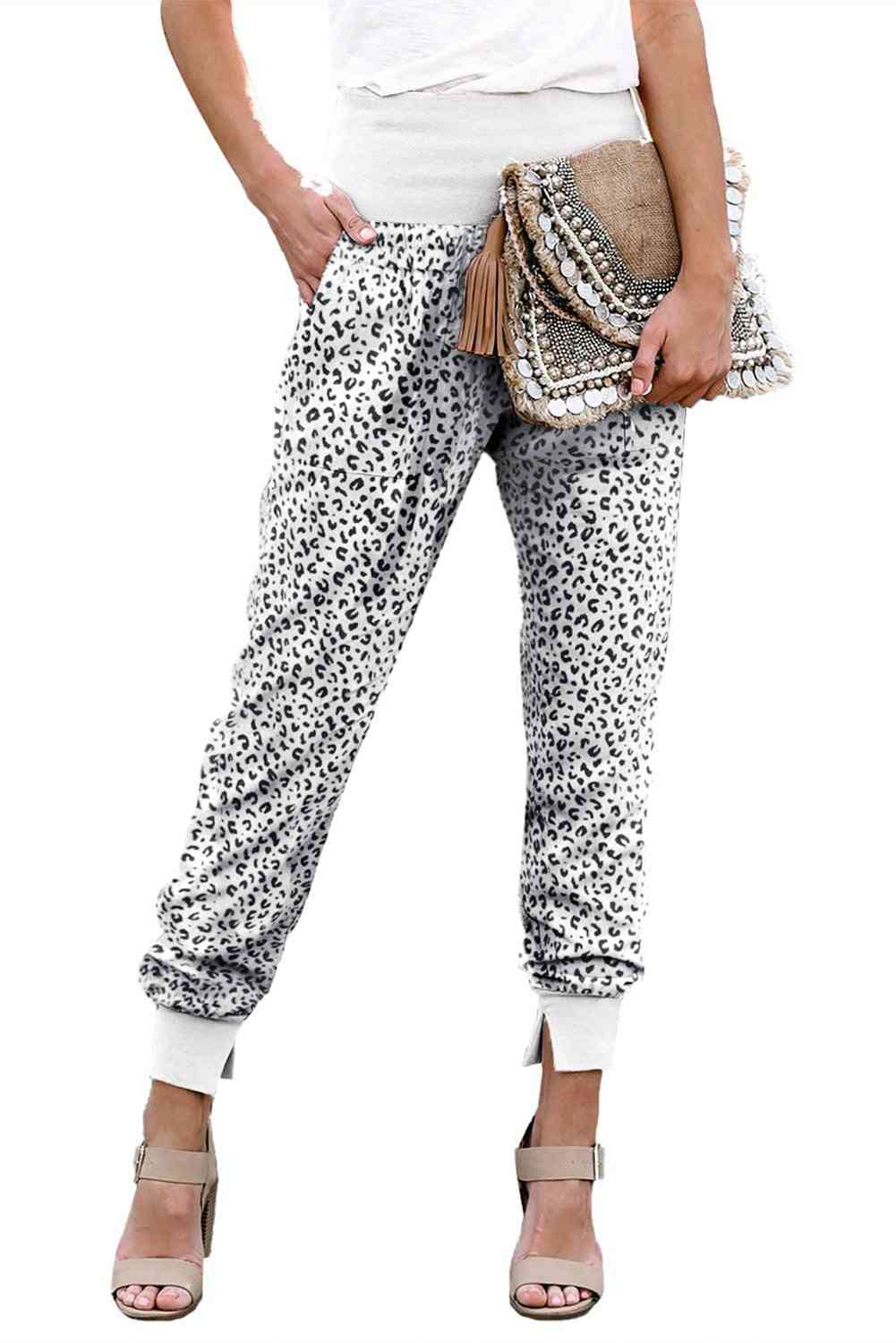 Womens White Leopard Pocket Casual Pants With Slit