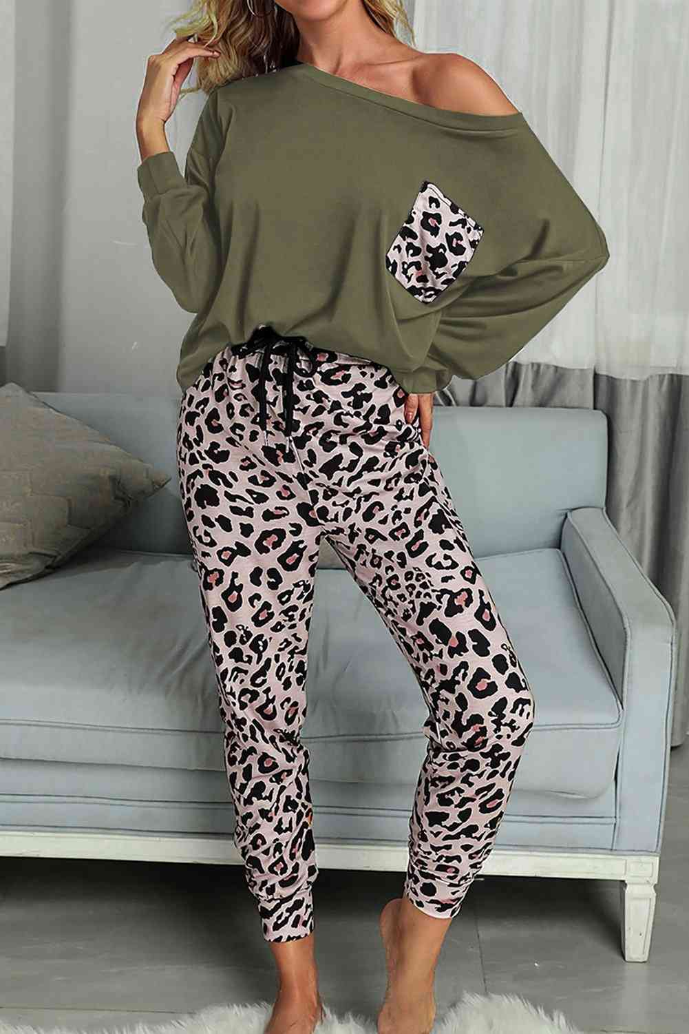 Womens Long Sleeve Leopard Pants And Top, Loungewear Set