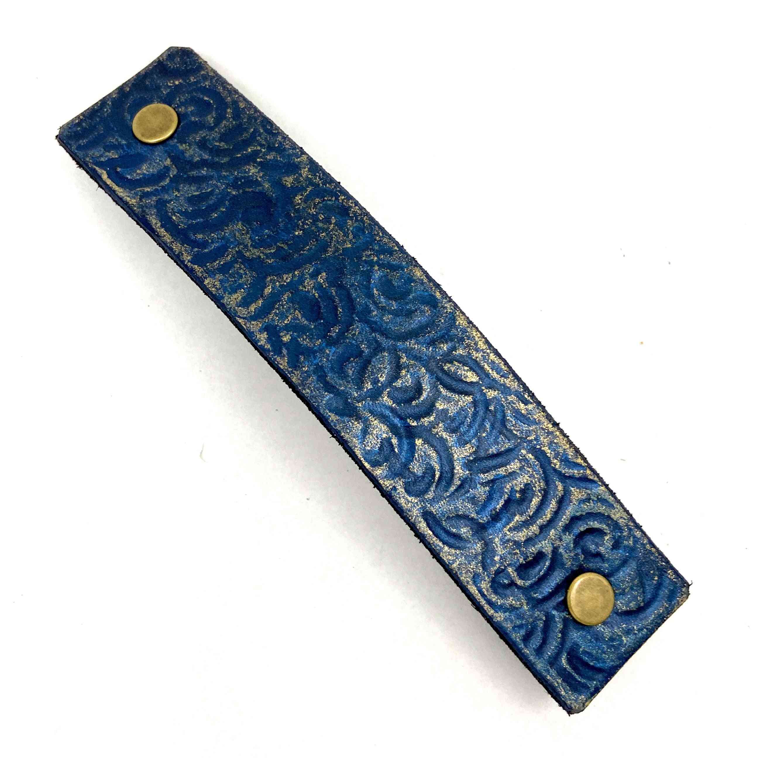 Lapis Blue & Gold Leather Barrette With Rustic Spirals Texture