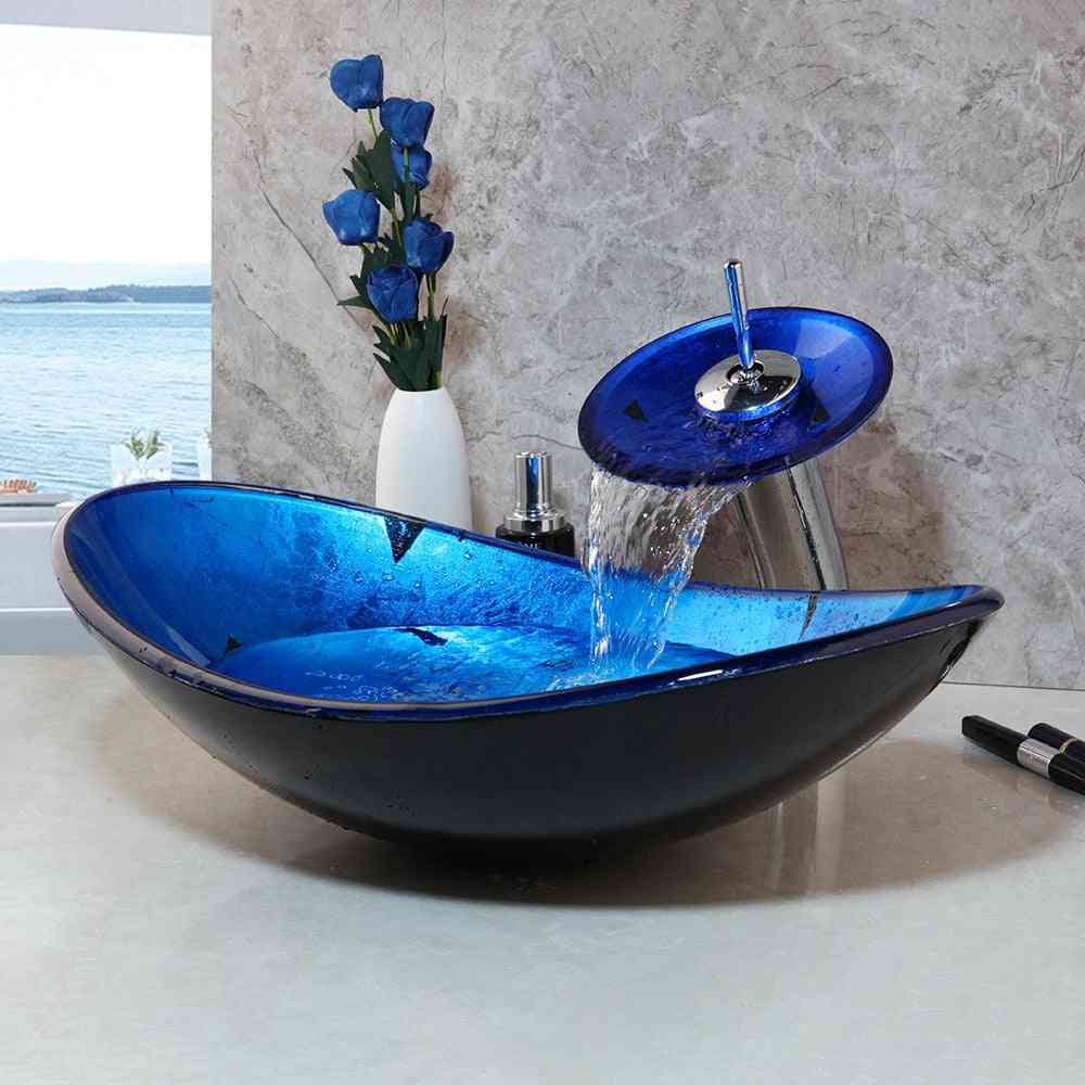 Blue Bathroom Washbasin, Countertop, Tempered Glass Basin, Sink, Faucet Set, Brass Waterfall Washroom Vessel Vanity Bar