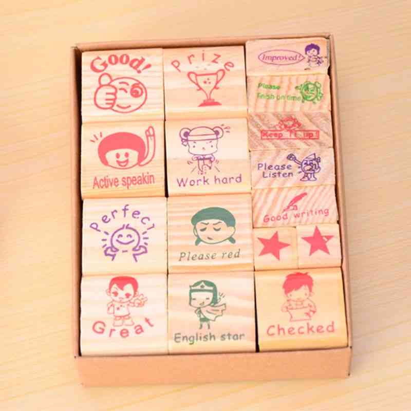 16pcs Teachers Self Inking Cartoon English Version Praise Stationery Stamp