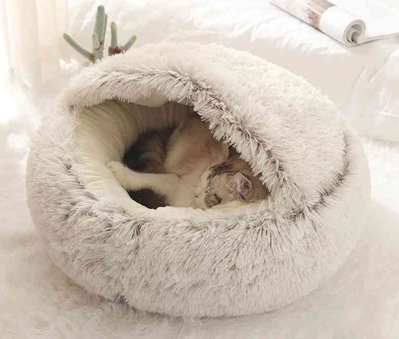 Round Plush Cat Bed, Warm Soft Long Nest
