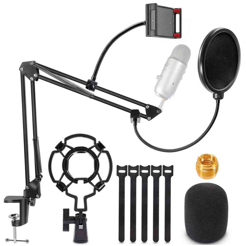 Microphone Arm Stand For Yeti Samson Pantograph Mic Bracket With Pop Filter Shock Mount Clamp (black)