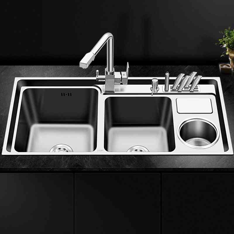 Stainless Steel- Nano Three Trough With Trash Knife Holder, Brushed Sink Set Kitchen