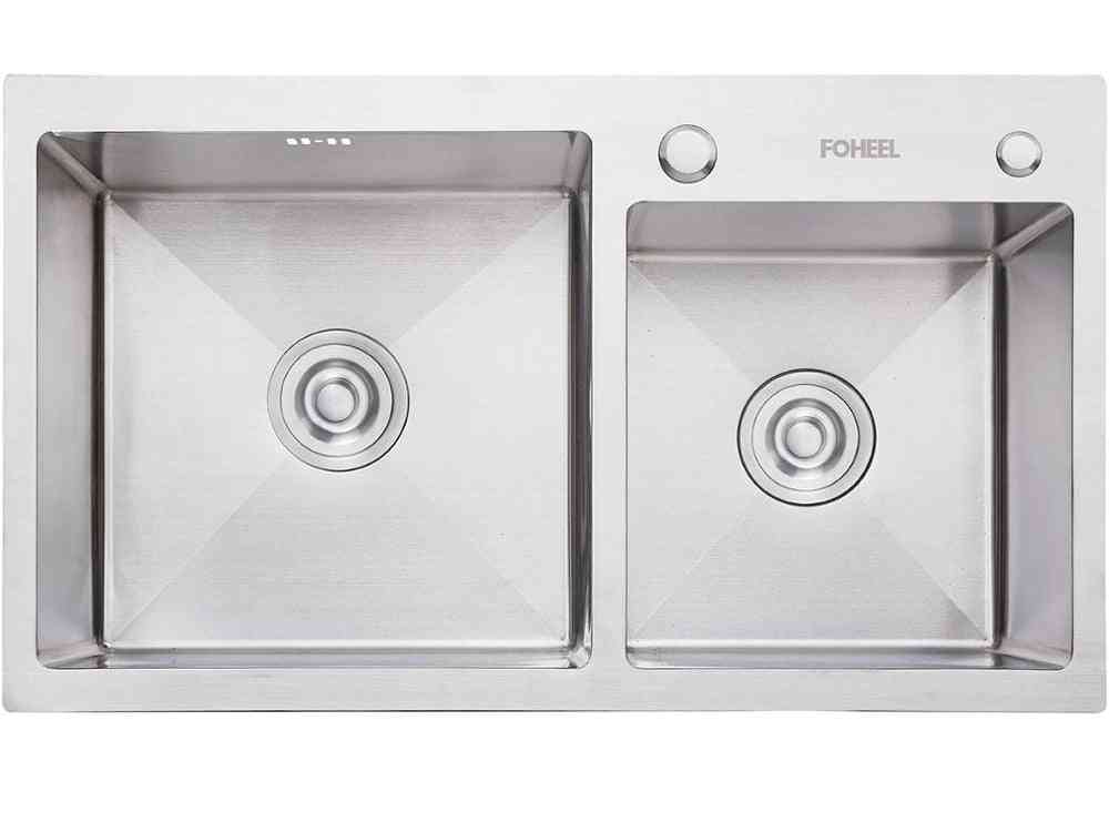 Stainless Steel- Double Bowl, Drain Basket And Pip Rectangular, Kitchen Sink