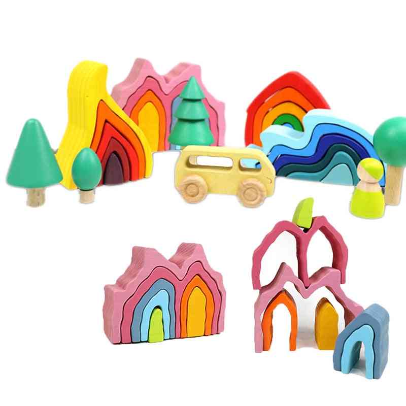 Monterad byggnad montessori trä regnbåge block leksak
