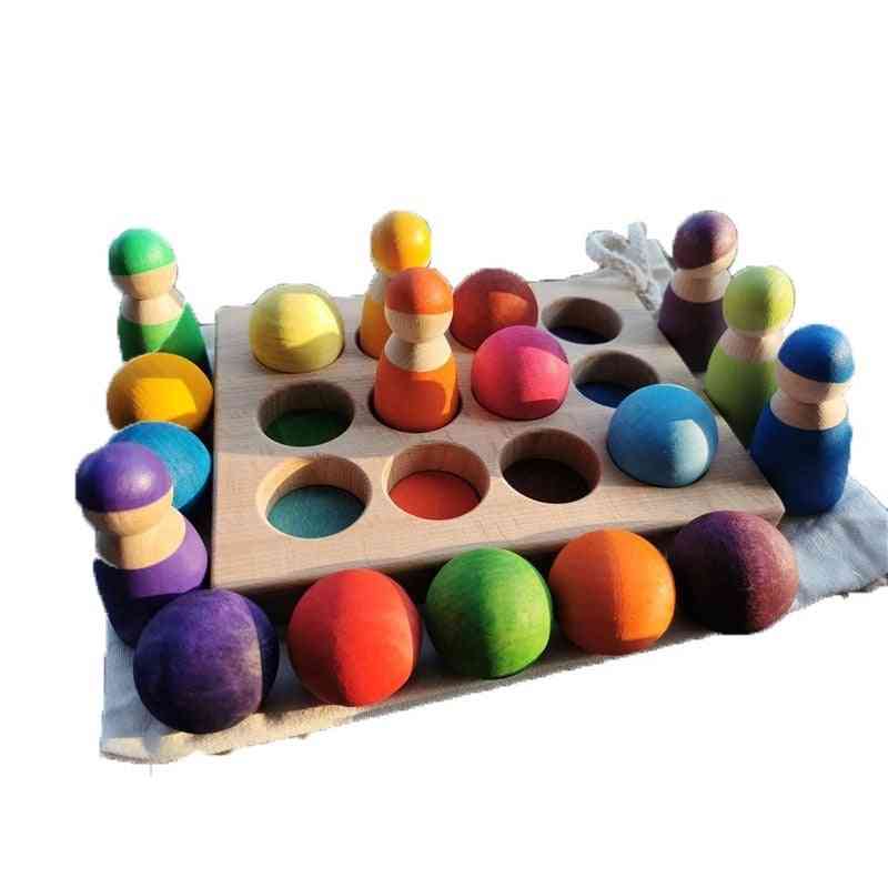 Classificação de cores de madeira bolas de madeira arco-íris e esfera pastel com bandeja
