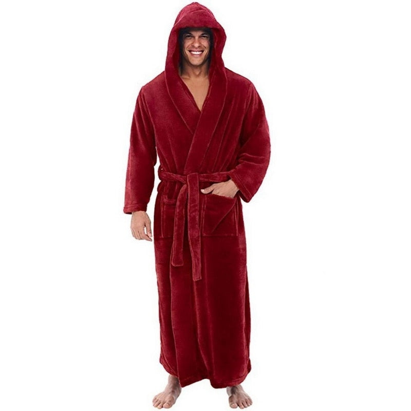 Flannel Male With Hooded, Thick Warm Gown Robe, Bathrobe Extra Long Kimono, Pajamas