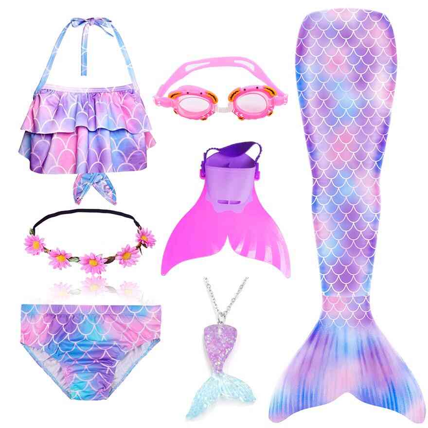 Schwimmbare Meerjungfrau, Schwanzkostüm, Monoflosse Schwimmbrille mit Girlandenanzug Set-2