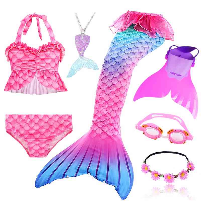 Sirenă pentru înot, costum de coadă, ochelari de protecție cu înotătoare cu ghirlande set-1