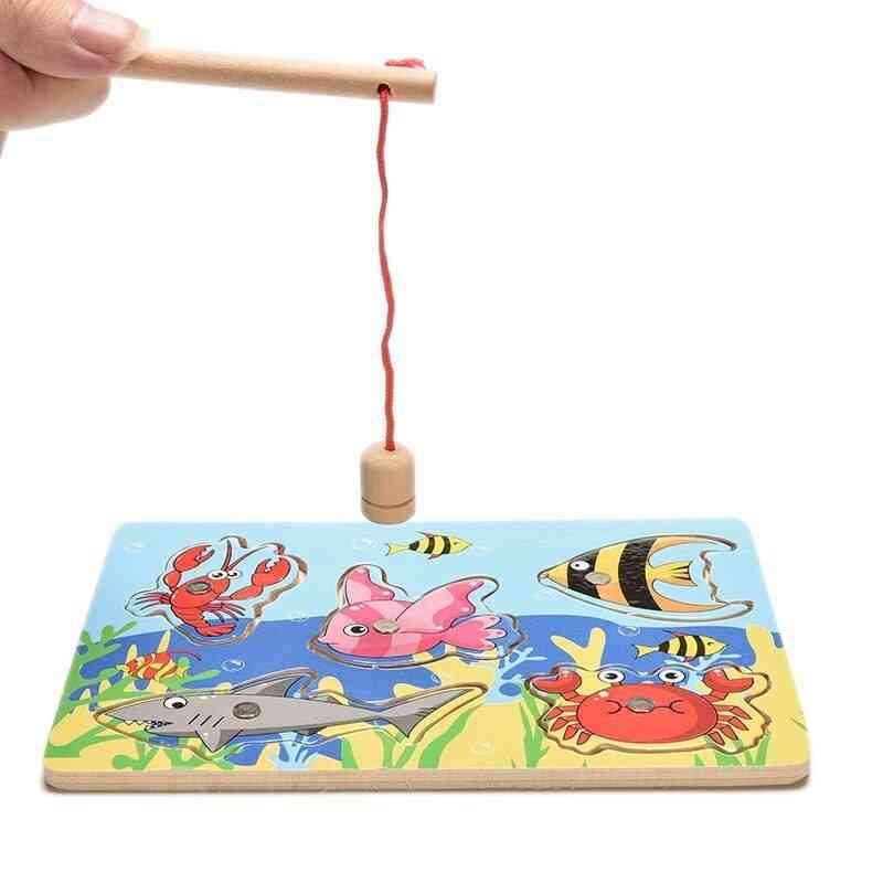 Detská rybárska hra - drevený oceán, skladacia doska, magnetická tyč, vonkajšia zábavná hračka