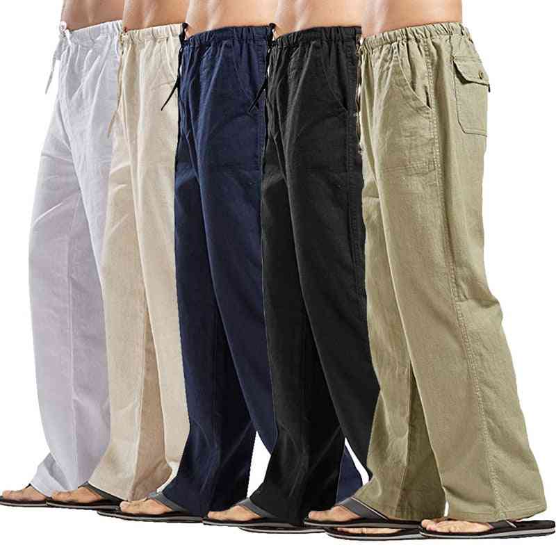 Męskie naturalne bawełniane lniane spodnie letnie spodnie dorywczo męskie solidne w pasie proste luźne fasony!
