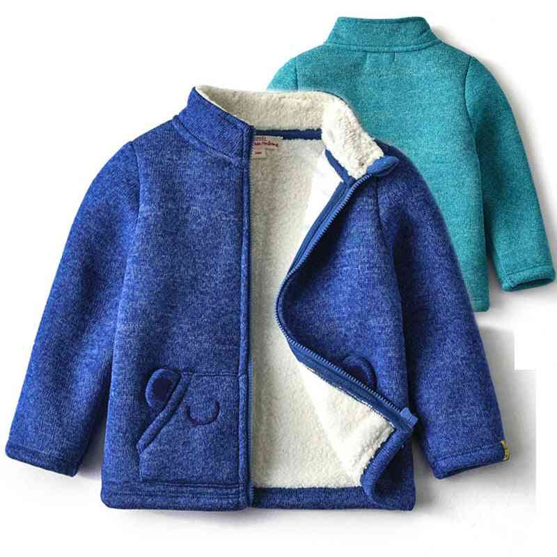 Baby & Solid Fleece Trench Jacket, Zipper Bear Ear Pocket Warm Clothes
