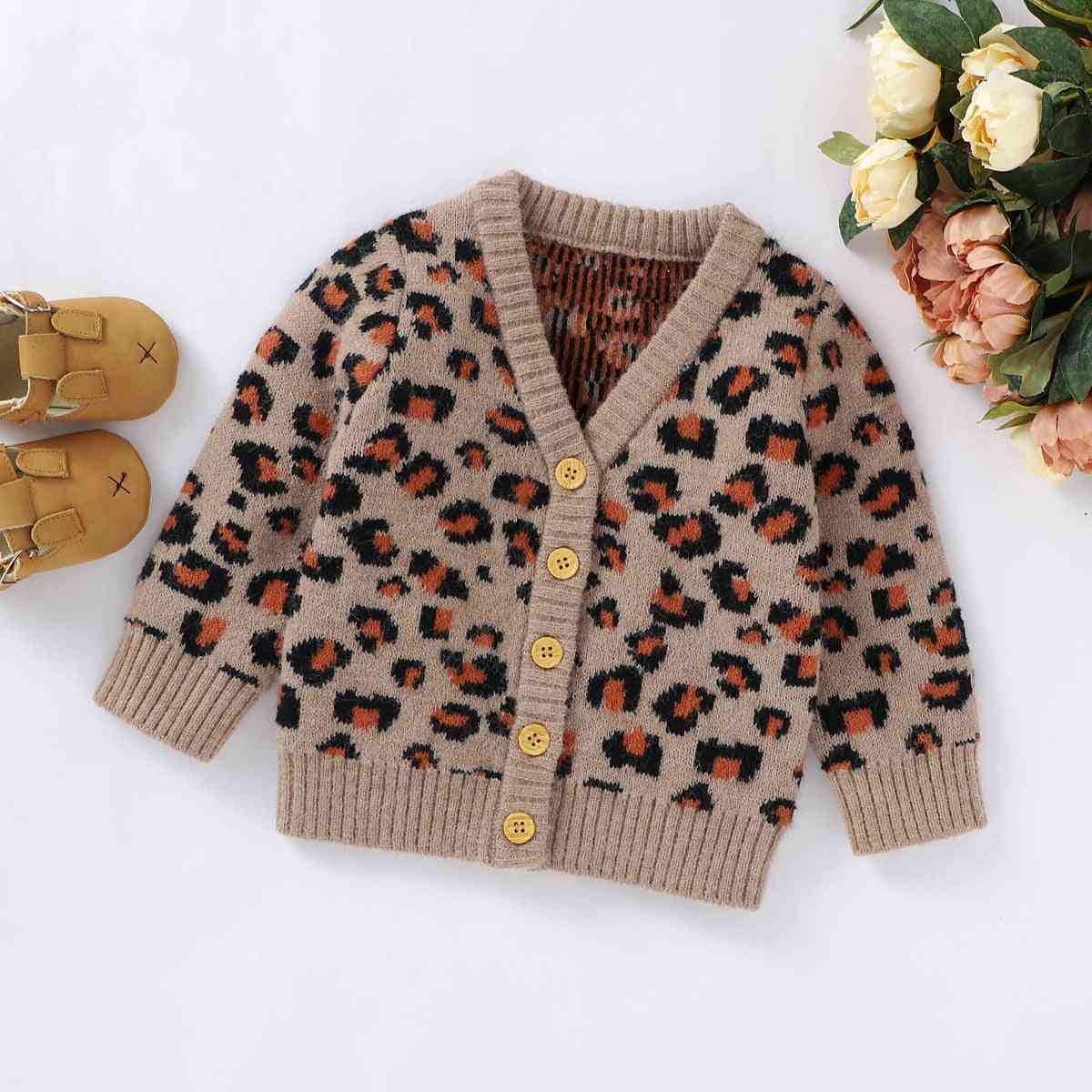 Baby Boy Girl Clothes Leopard Print Sweater, V-neck Button-up Knitted Tops