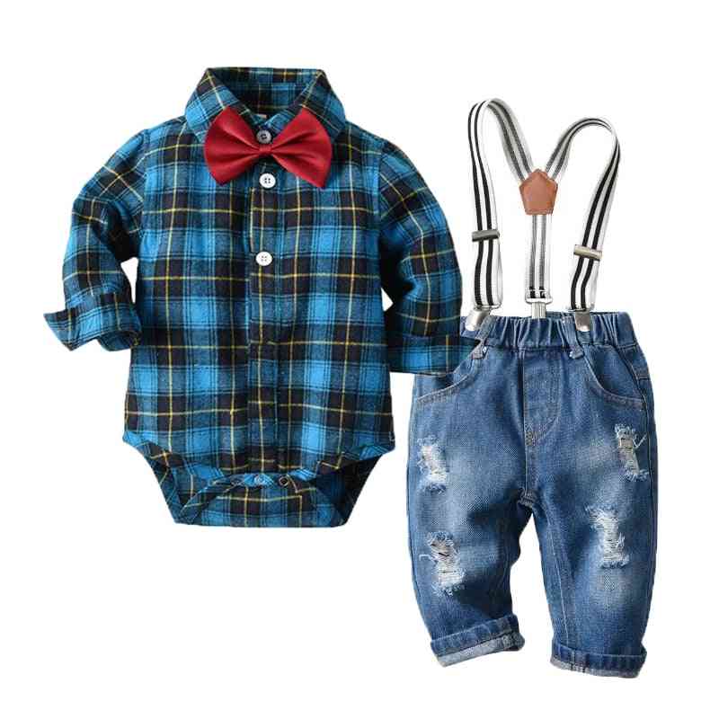 Vêtements en denim pour bébé garçon, barboteuses à carreaux en coton bib jeans vêtements costume