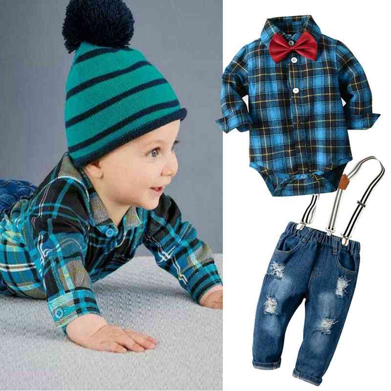 Baby Boy Denim Clothes, Cotton Plaid Rompers Bib Jeans Clothing Suit